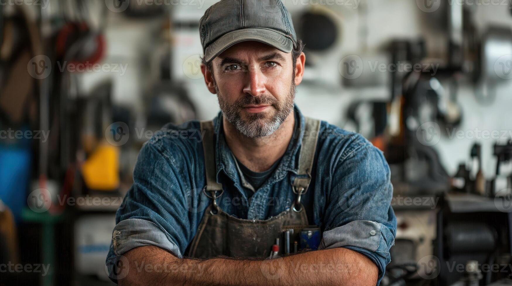 A man in a blue shirt and cap, standing in a workshop with tools and machinery, looking at the camera with a serious expression. photo