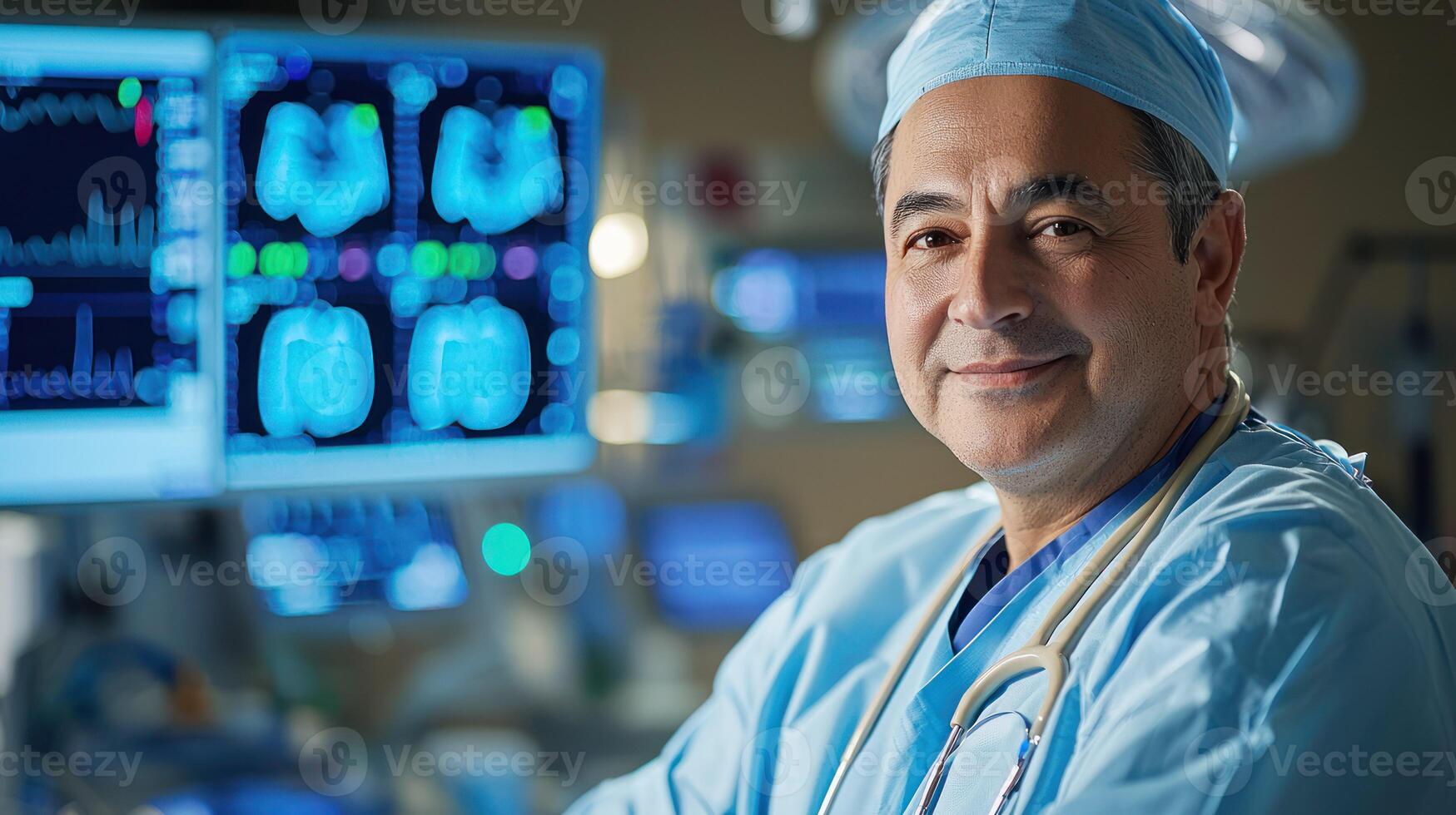 A male healthcare professional in a blue surgical gown and cap, smiling warmly, with a computer monitor displaying medical images in the background. photo
