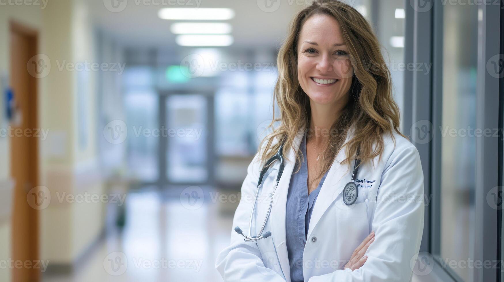 A female doctor standing in a hospital corridor, wearing a white coat and stethoscope, with a blurred background of a hospital room. photo