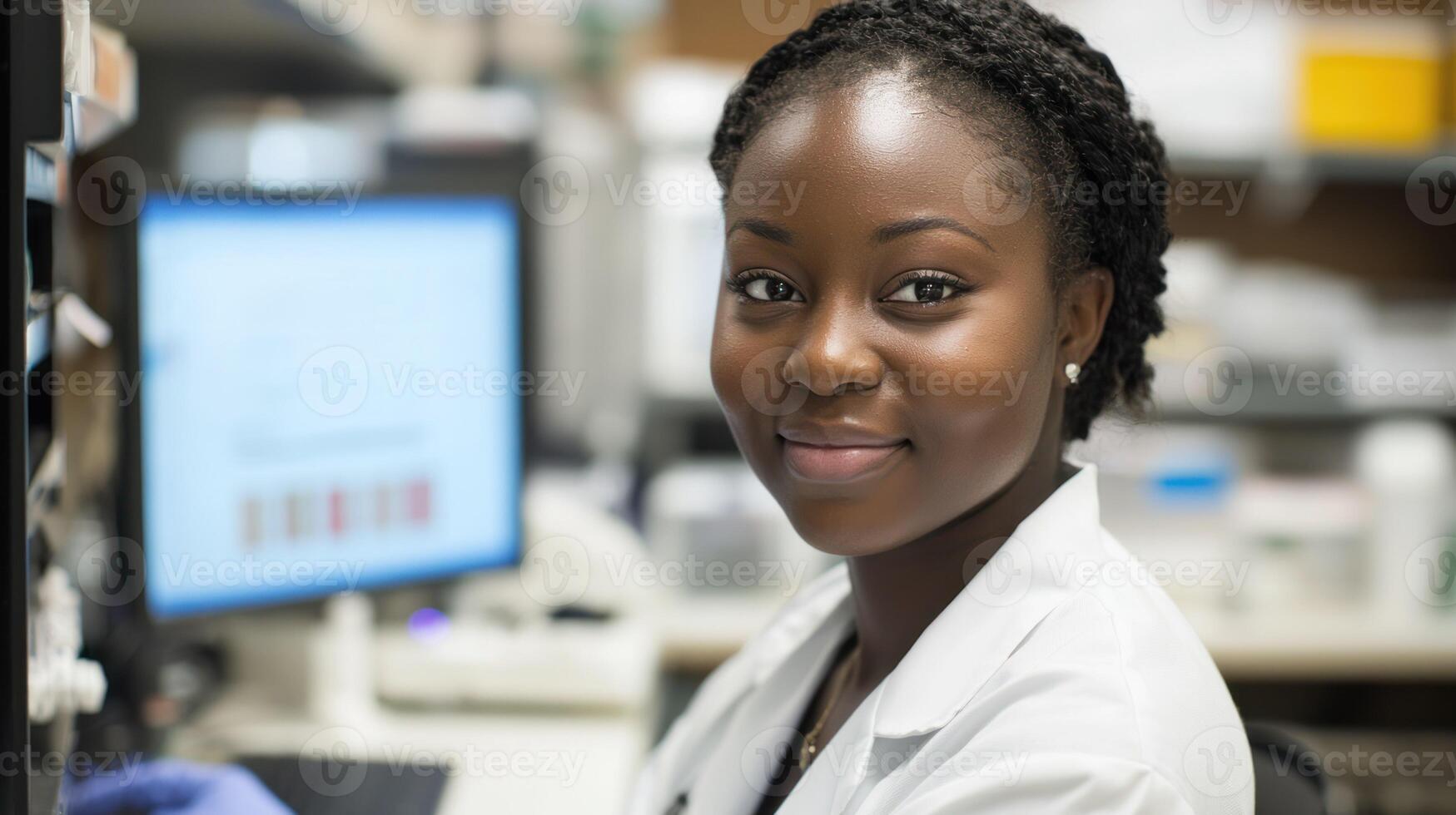 A young woman in a lab coat, smiling, in a laboratory setting with a computer monitor in the background. photo