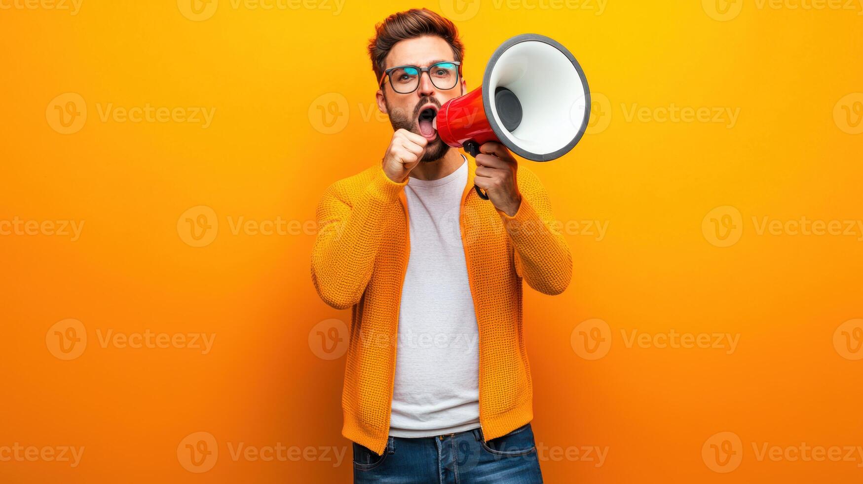 A man in a yellow sweater holding a megaphone and shouting into it. photo