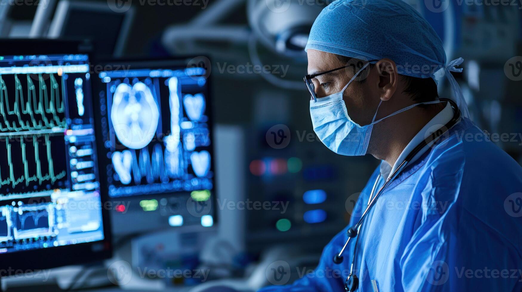 A surgeon in a blue surgical cap and mask, working in an operating room with a computer monitor displaying medical images. photo