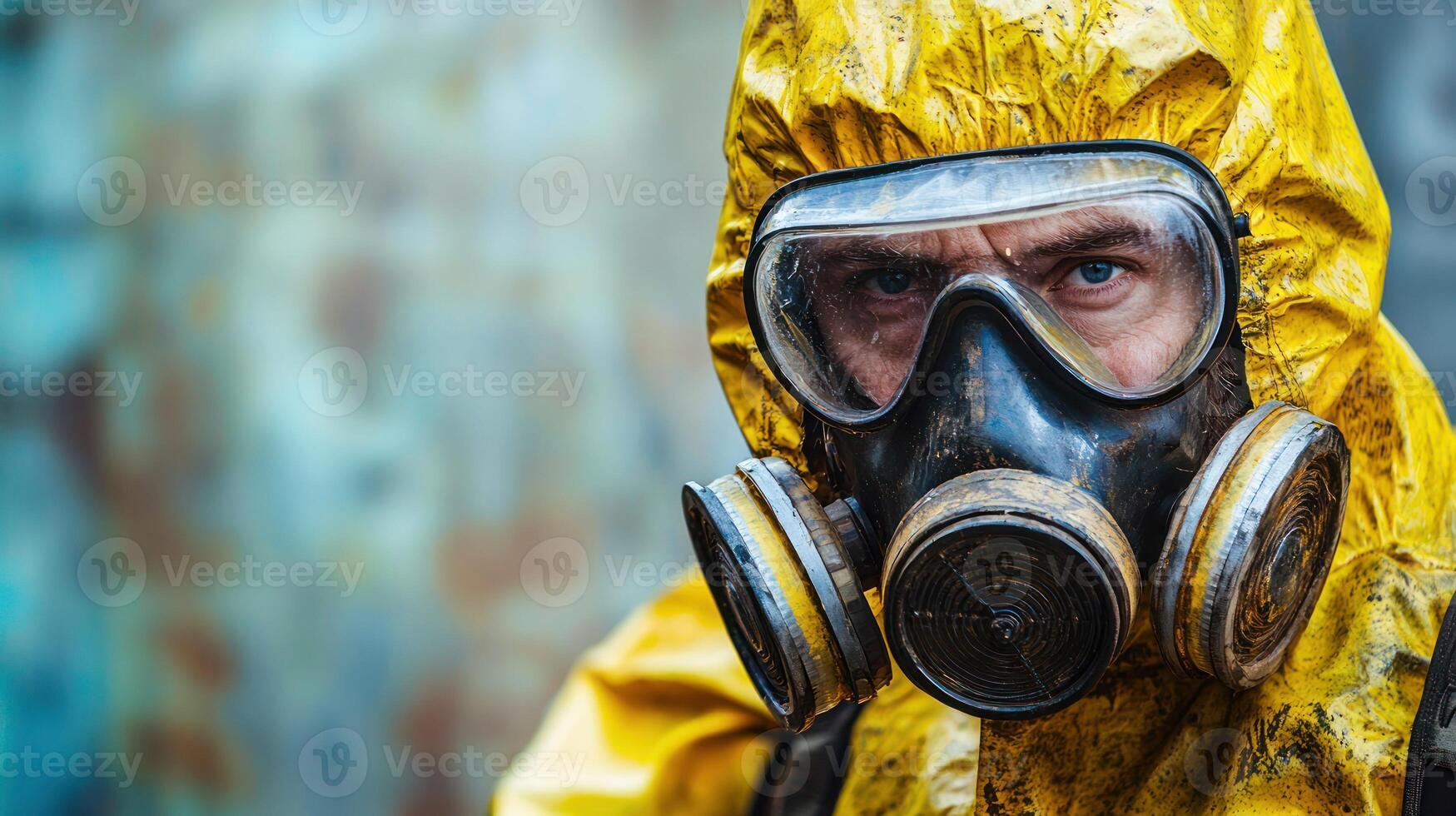 A man in a yellow hazmat suit and gas mask, standing in front of a rusted metal wall. photo