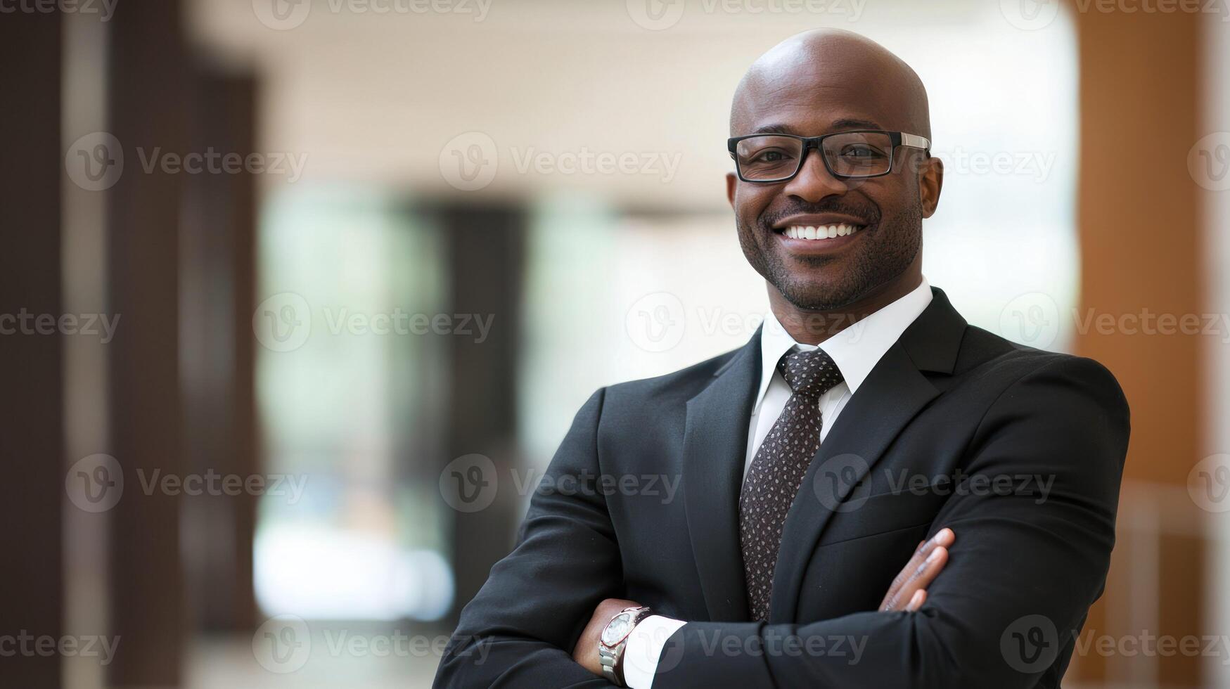 A smiling African American businessman in a suit and tie, standing in a modern office with a blurred background. photo
