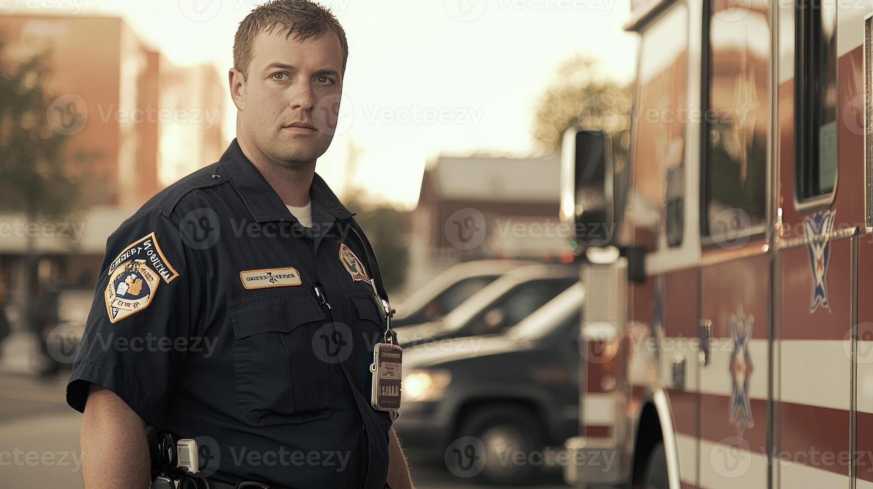 A police officer standing in front of an emergency vehicle, wearing a uniform and badge, with a serious expression on his face. photo