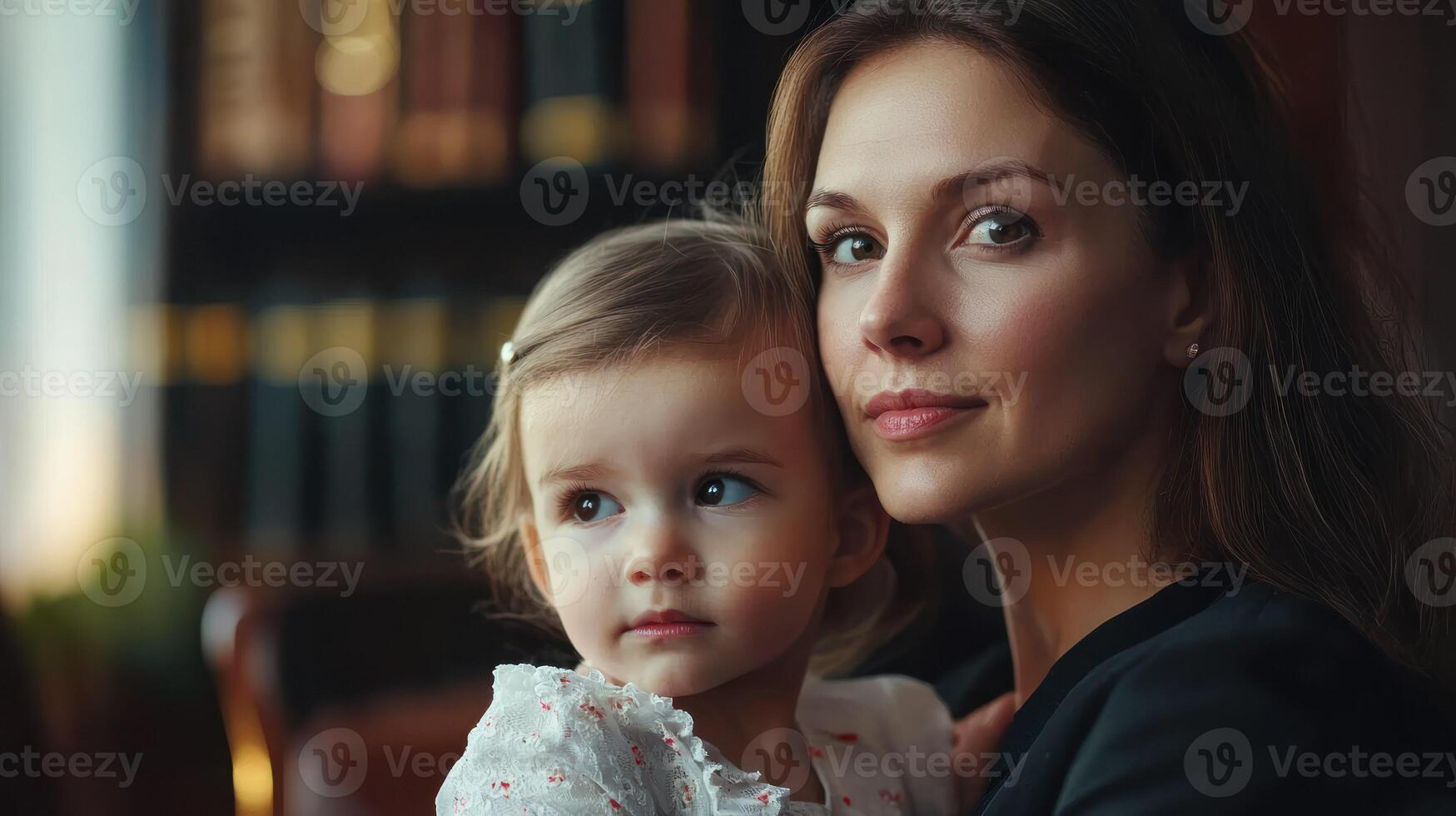 A woman and a child sitting in a cozy, dimly lit room with a wooden floor and a bookshelf in the background. photo