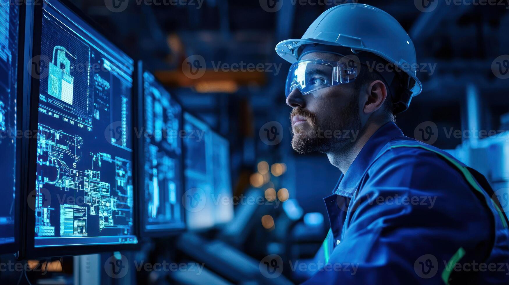 A man in a hard hat and safety glasses, seated at a computer in a dark, industrial setting, surrounded by multiple computer monitors displaying technical diagrams and data. photo