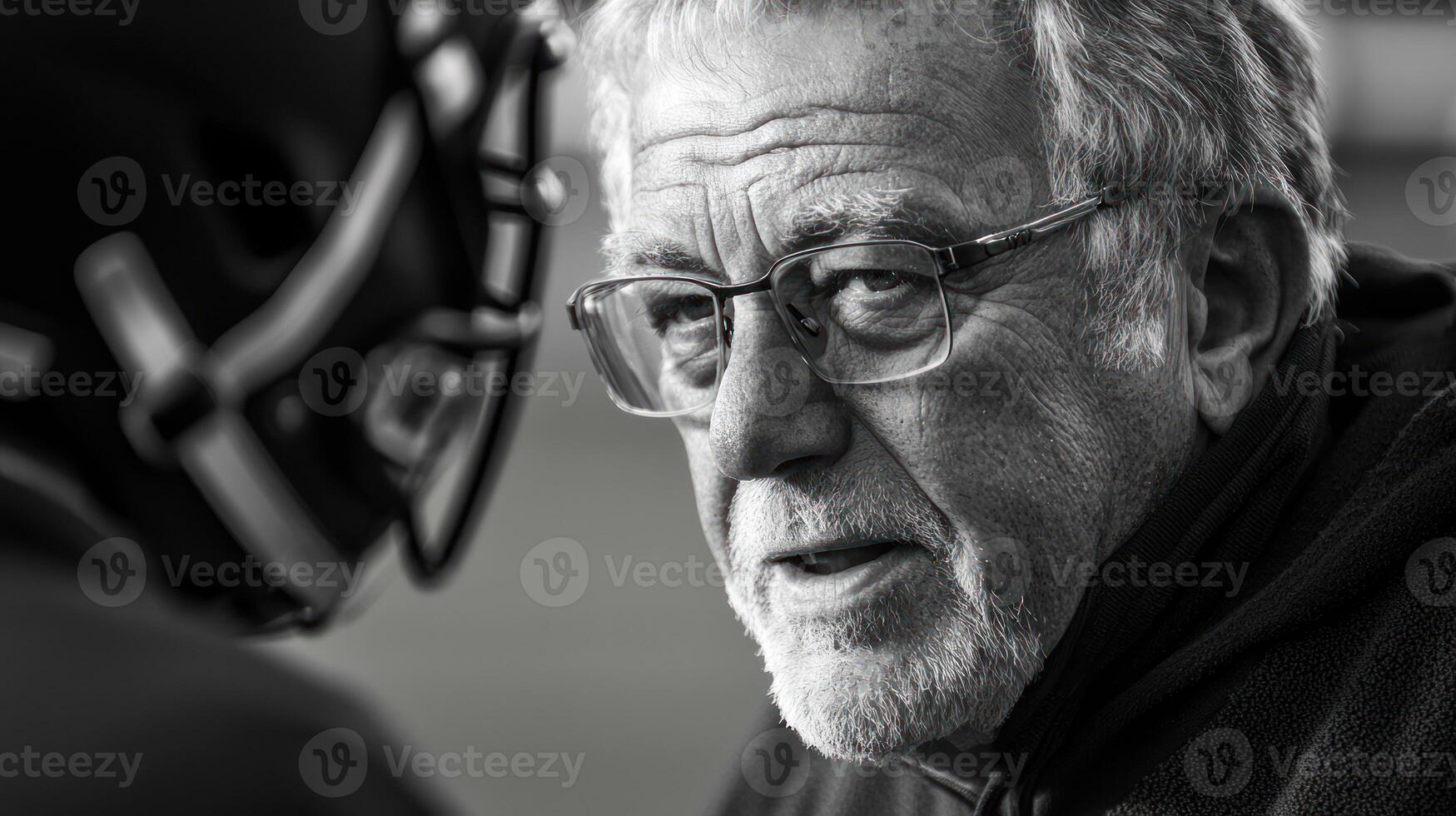 An older man with gray hair and glasses, wearing a black jacket, is talking to a football player in a helmet, who is facing him, in a black and white photo with a blurred background.