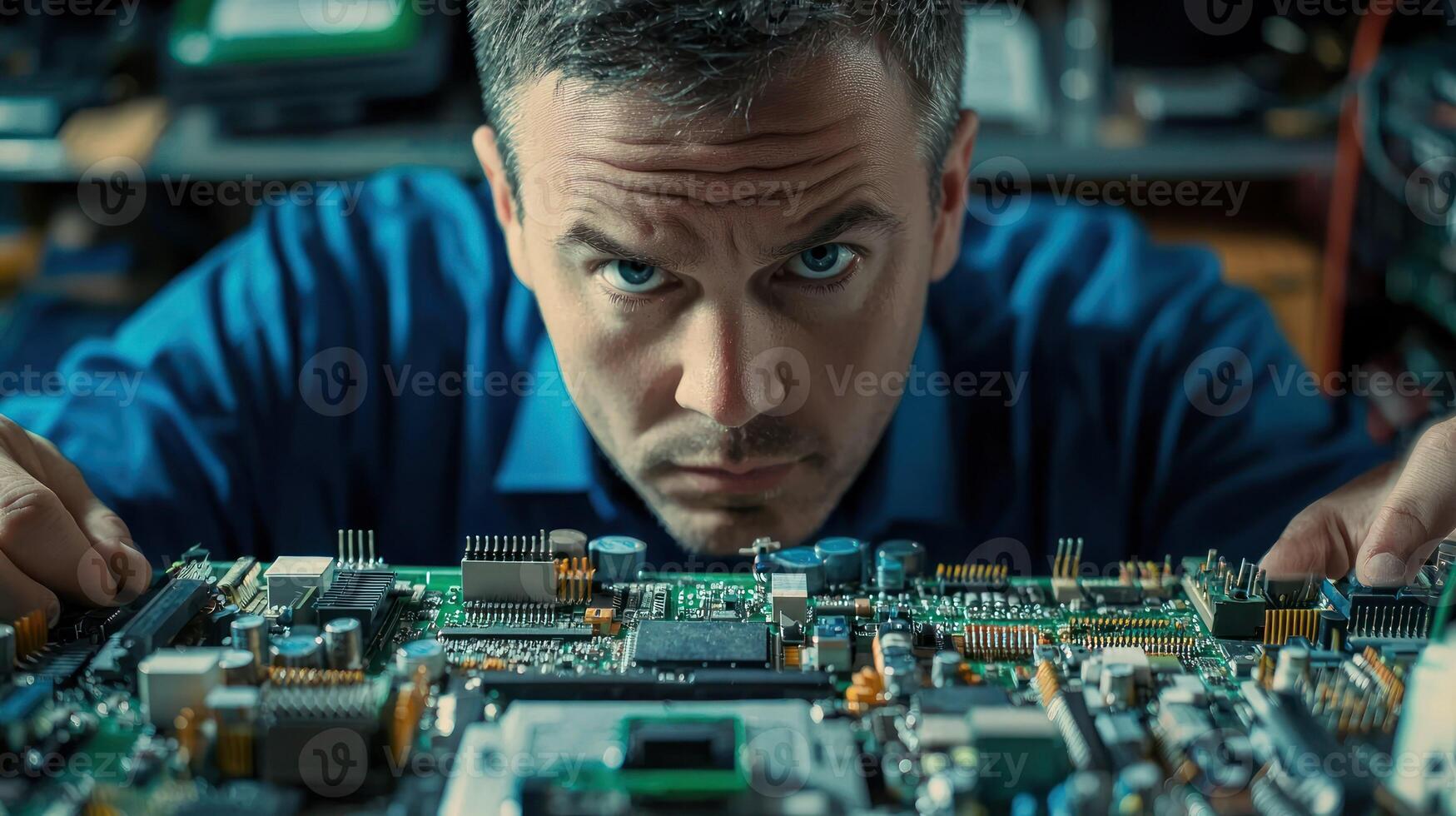 A man in a blue shirt is working on a computer circuit board in a cluttered workspace. photo