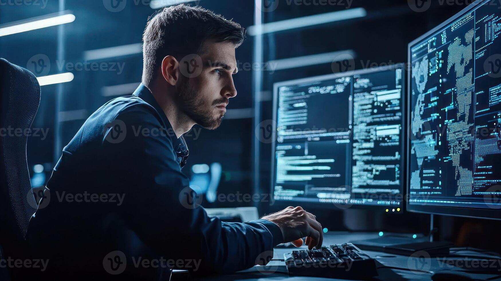 A young man in a dark suit working at a computer in a dimly lit office with multiple monitors displaying complex data and charts. photo