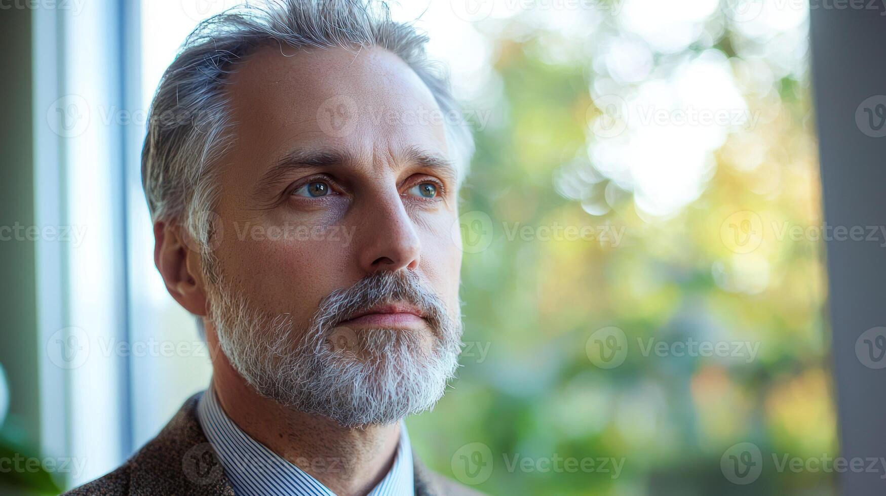 A man with gray hair and a beard, wearing a suit, looking out a window with a green and yellow view. photo