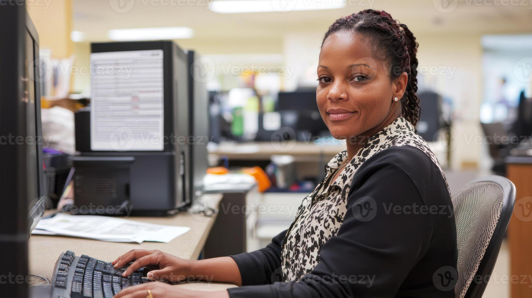 A smiling woman with braided hair, wearing a black and white patterned top, working at a computer in a busy office with multiple desks and computers in the background. photo