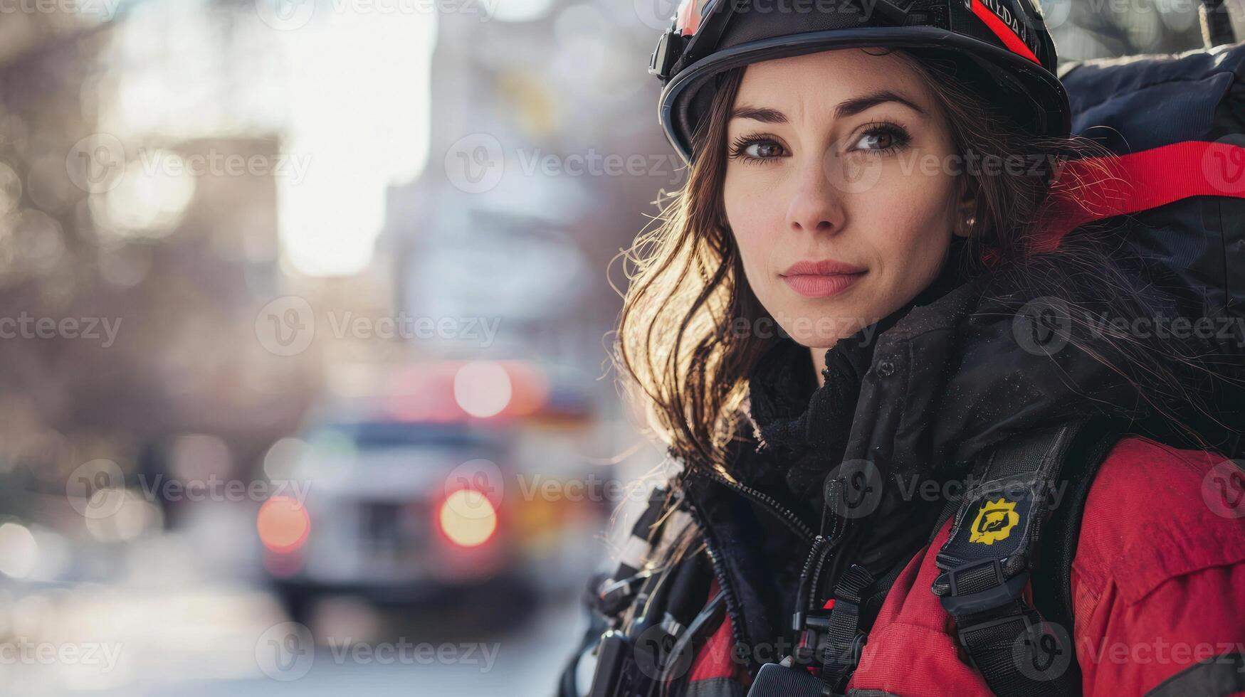 A woman in a red jacket and black helmet, standing in a city street with a blurred background of buildings and cars. photo