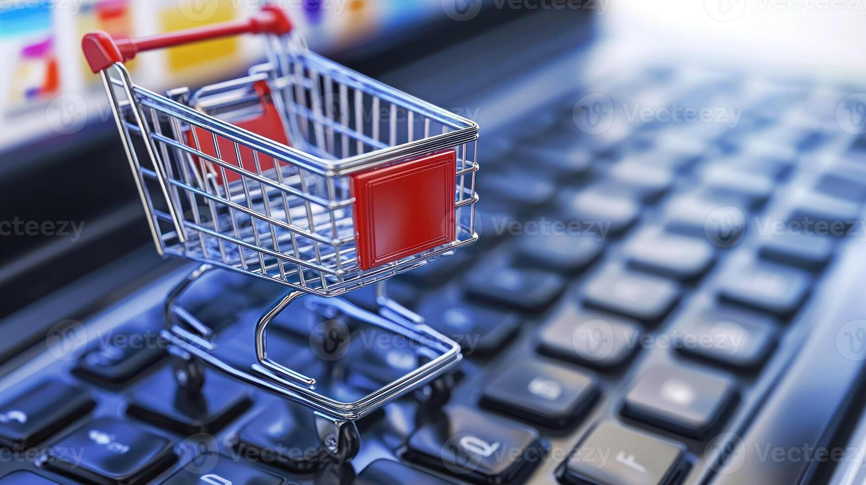 A miniature shopping cart with a red handle and a red basket on a computer keyboard. photo