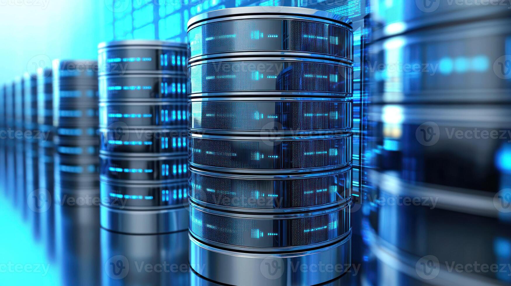 A row of computer servers with blue and black lights, in a blue and black setting with a blue and black background. photo