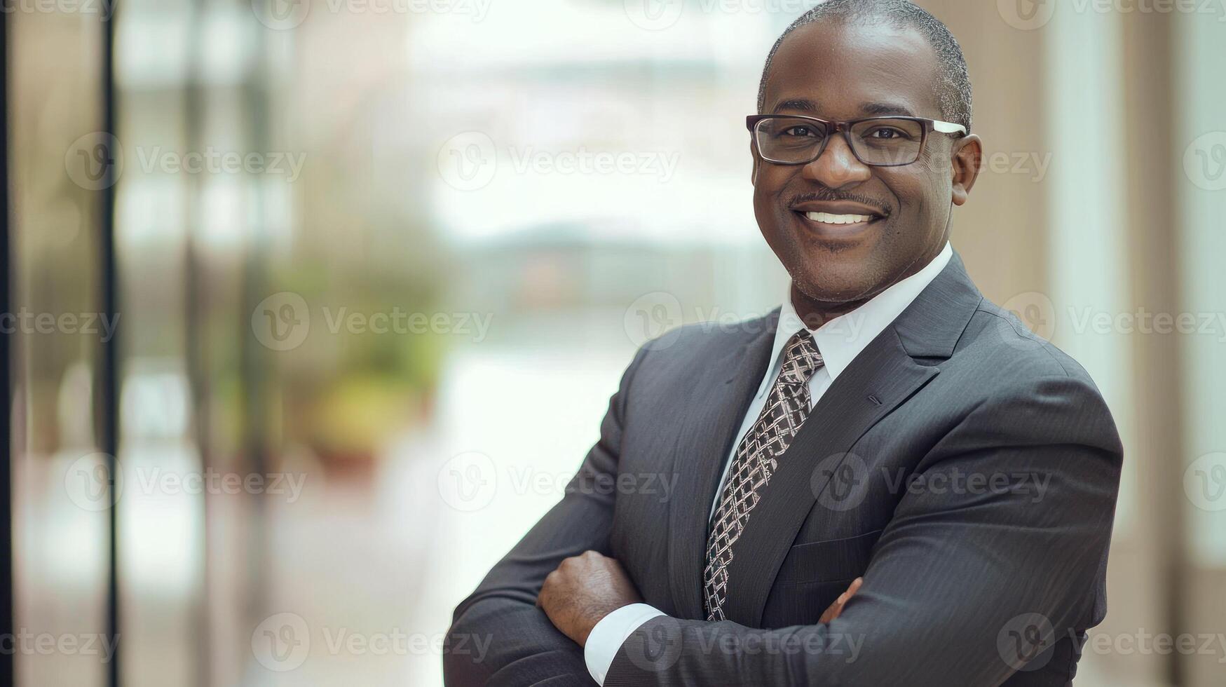 A smiling African American man in a suit and tie, standing in an office lobby with his arms crossed, wearing glasses and a white shirt with a black and white patterned tie. photo