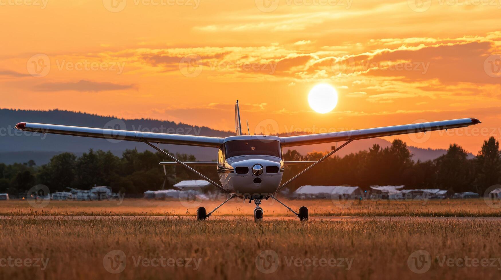 A small airplane on a runway at sunset with a sun setting behind it. photo