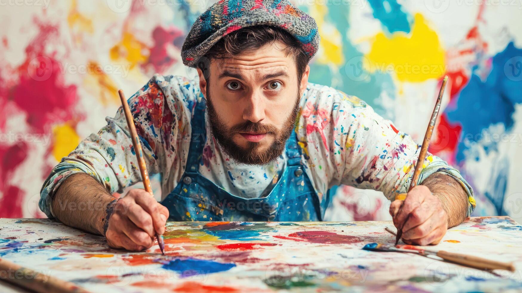 A man with a beard and mustache, wearing a hat, sitting at a table with paintbrushes and a canvas, surrounded by colorful paint splatters. photo