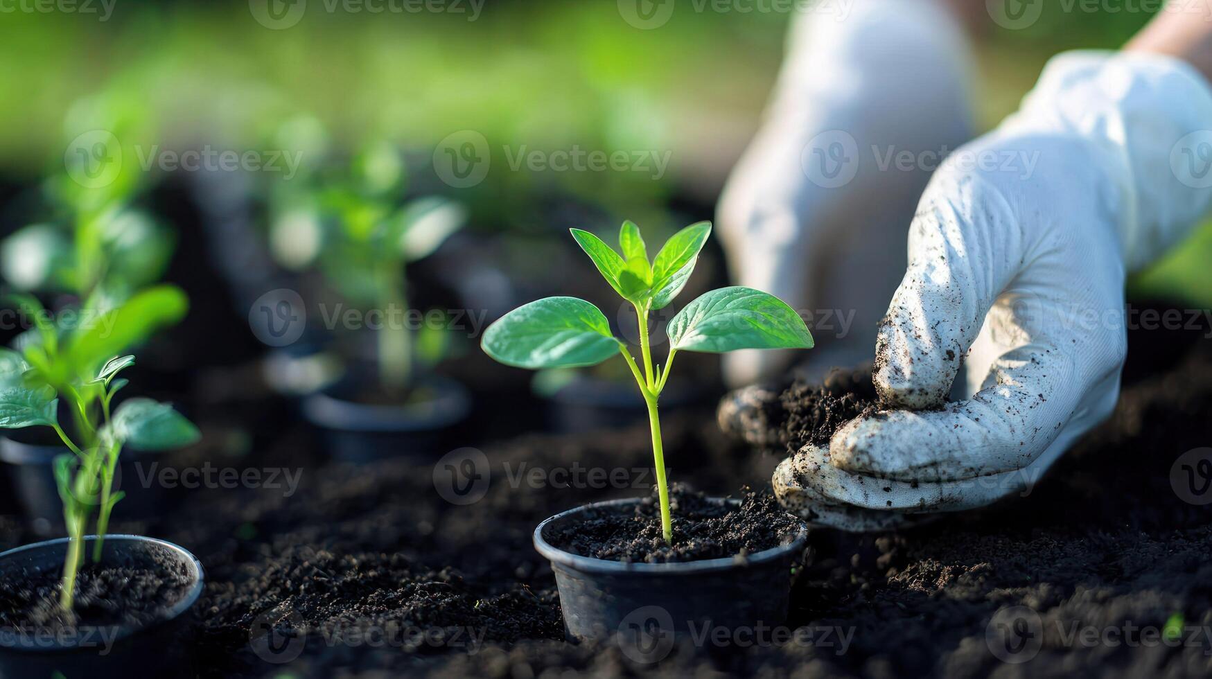 A hand in a white glove is planting a small green seedling in a black soil with a blurred background of more seedlings photo