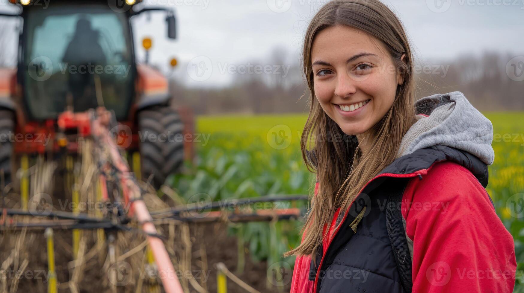 A young woman in a red jacket standing in a field with a tractor in the background. photo