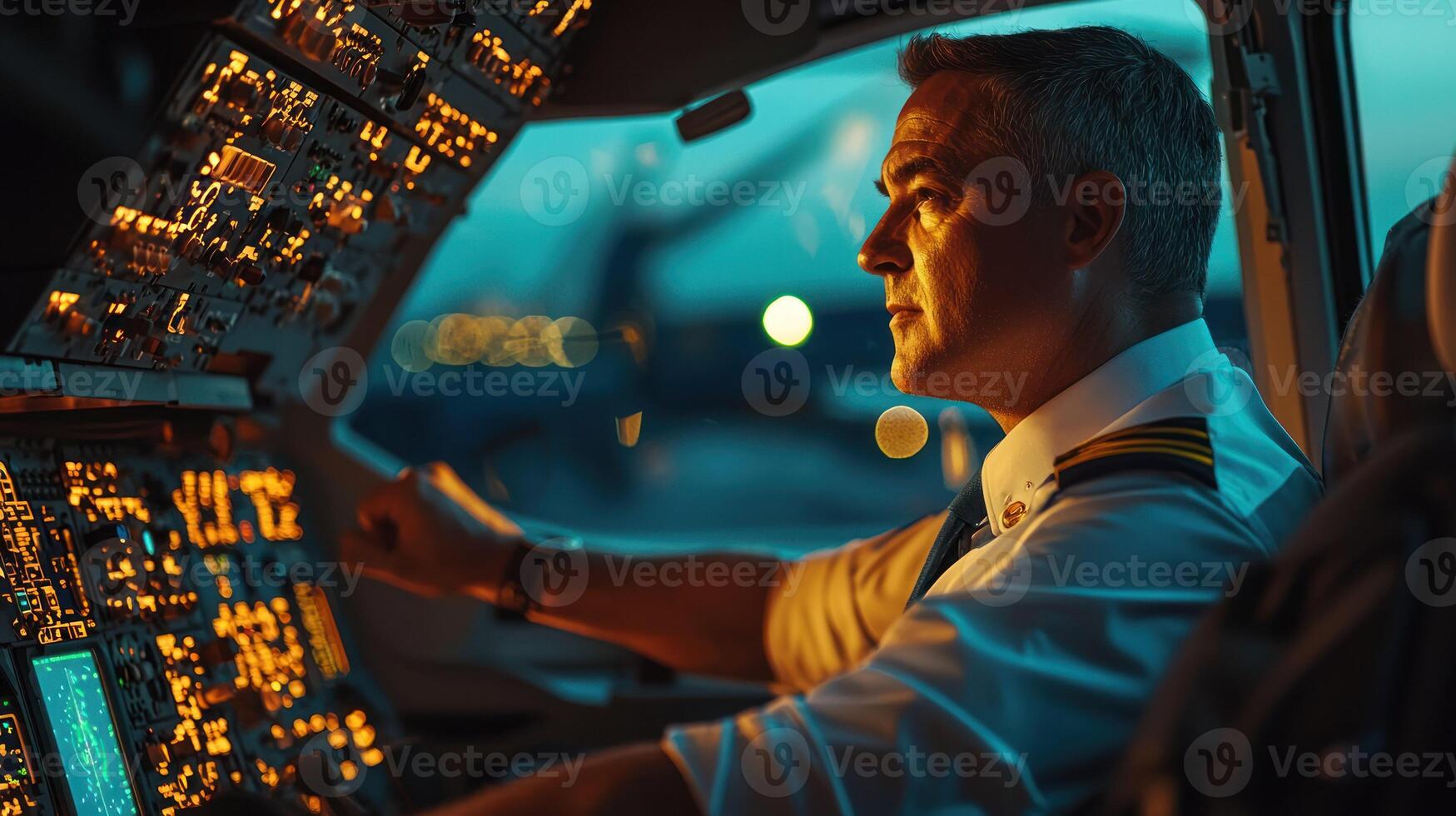 A pilot in a cockpit, navigating an airplane at night. photo