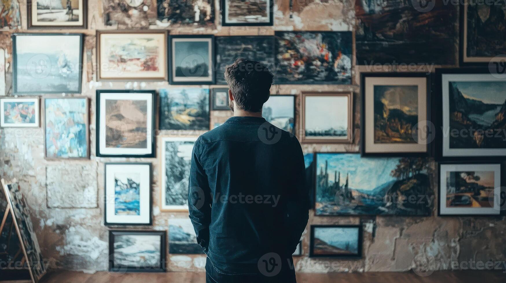 A man standing in front of a wall of paintings, looking at them with a contemplative expression. photo
