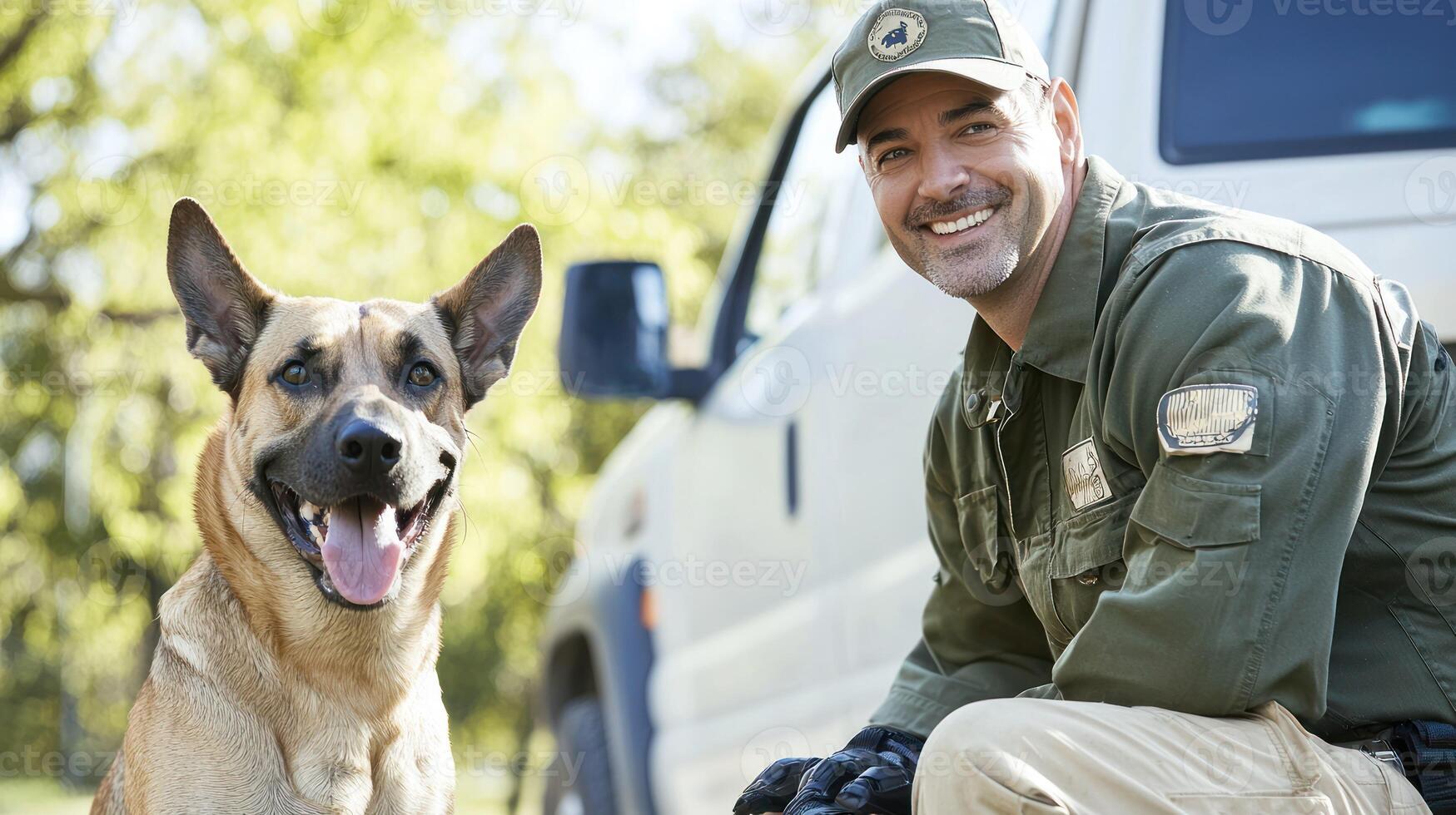 A man in a green uniform and cap, sitting next to a German Shepherd dog in front of a white van in a forested area. photo