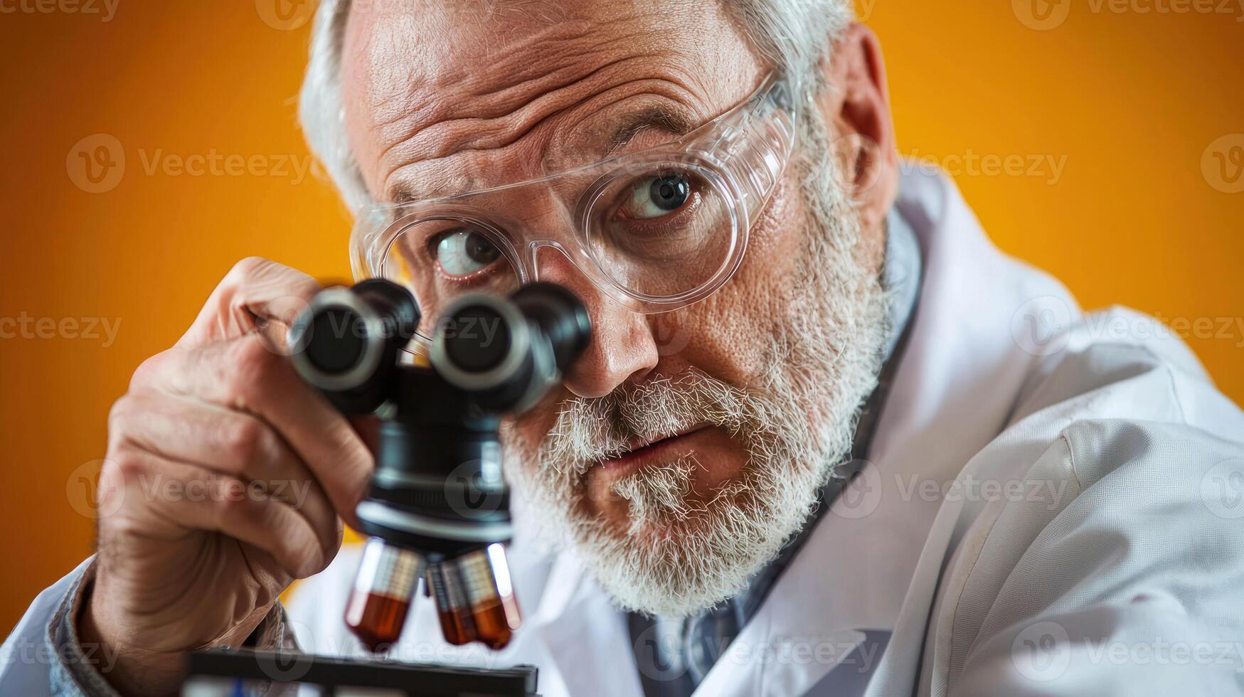 An elderly man wearing glasses, looking through a microscope with a yellow background. photo