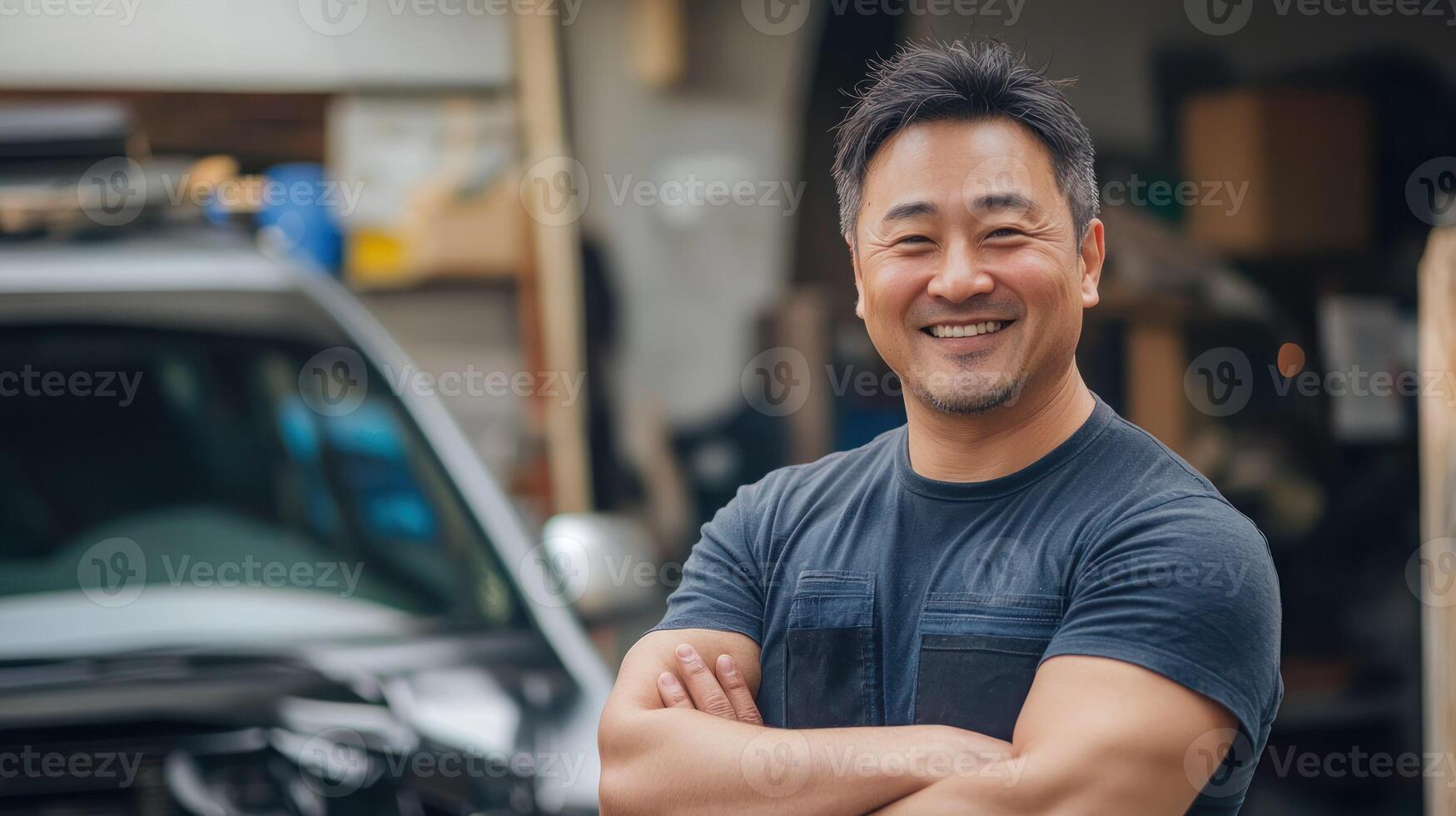 A smiling man in a blue shirt standing in a garage with a car in the background. photo
