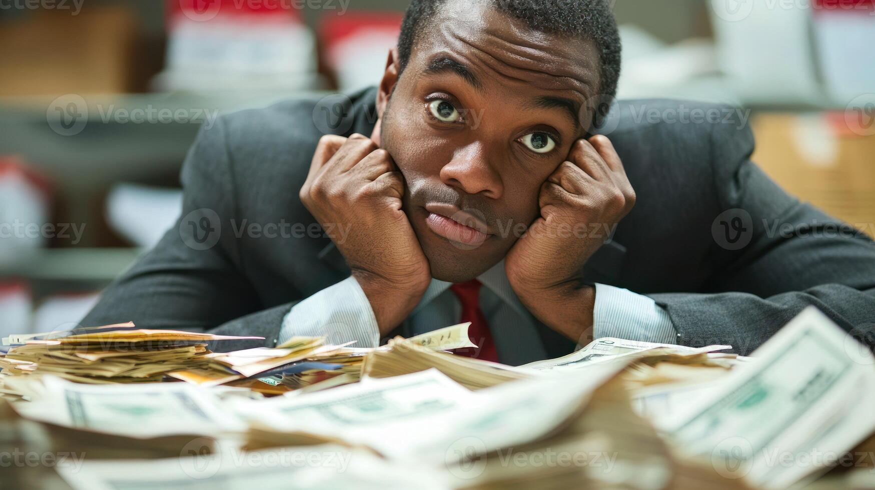 A man in a suit sitting at a desk with a stack of money in front of him. photo