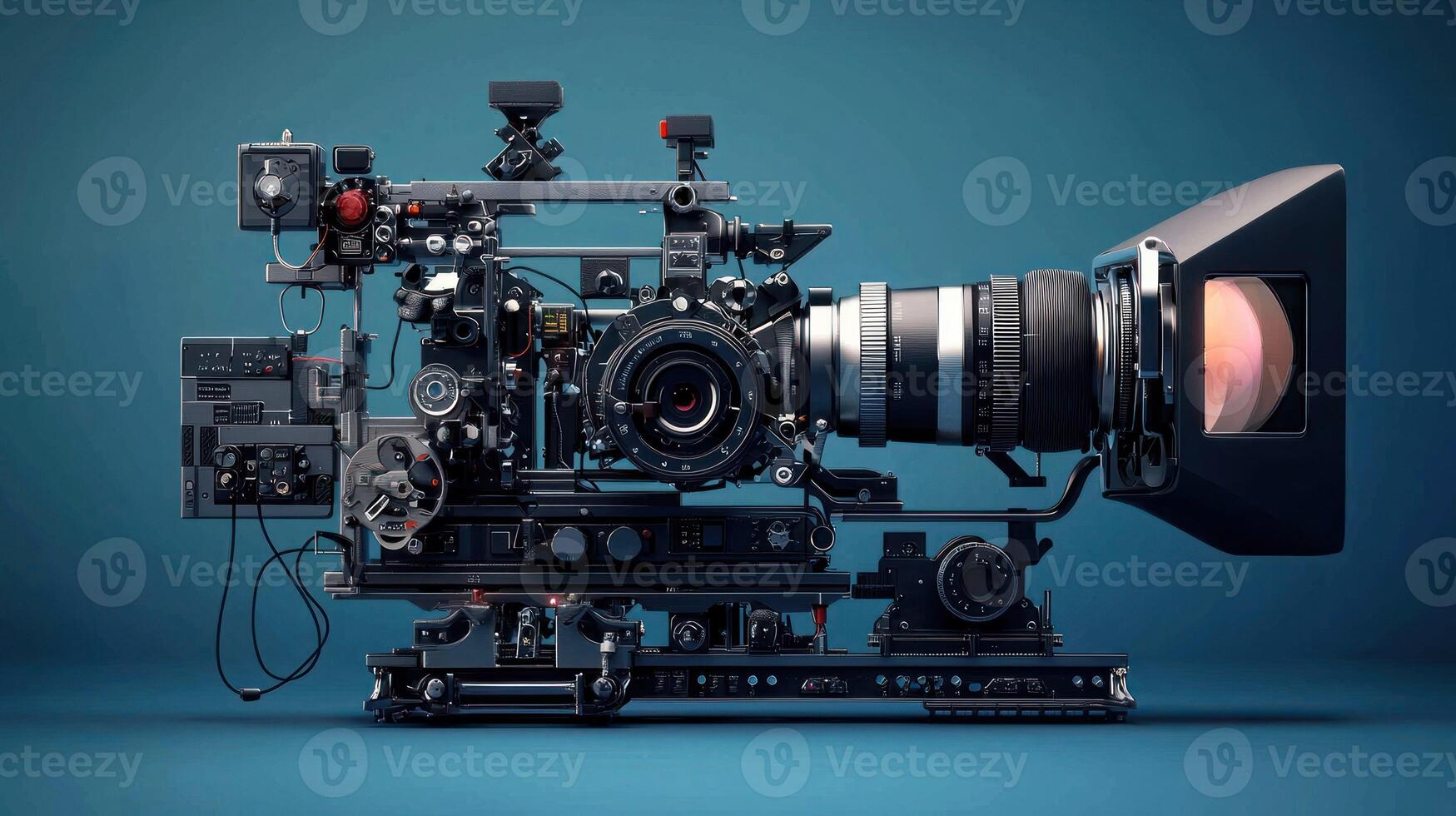 A professional camera with a large lens and various controls, set against a dark blue background. photo