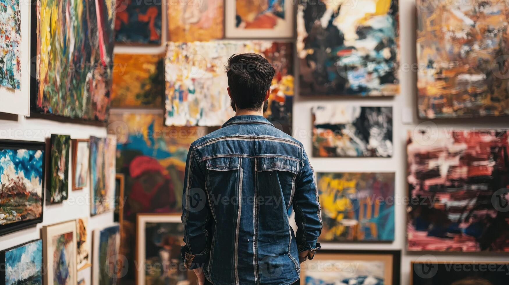 A man in a denim jacket standing in front of a wall of paintings. photo