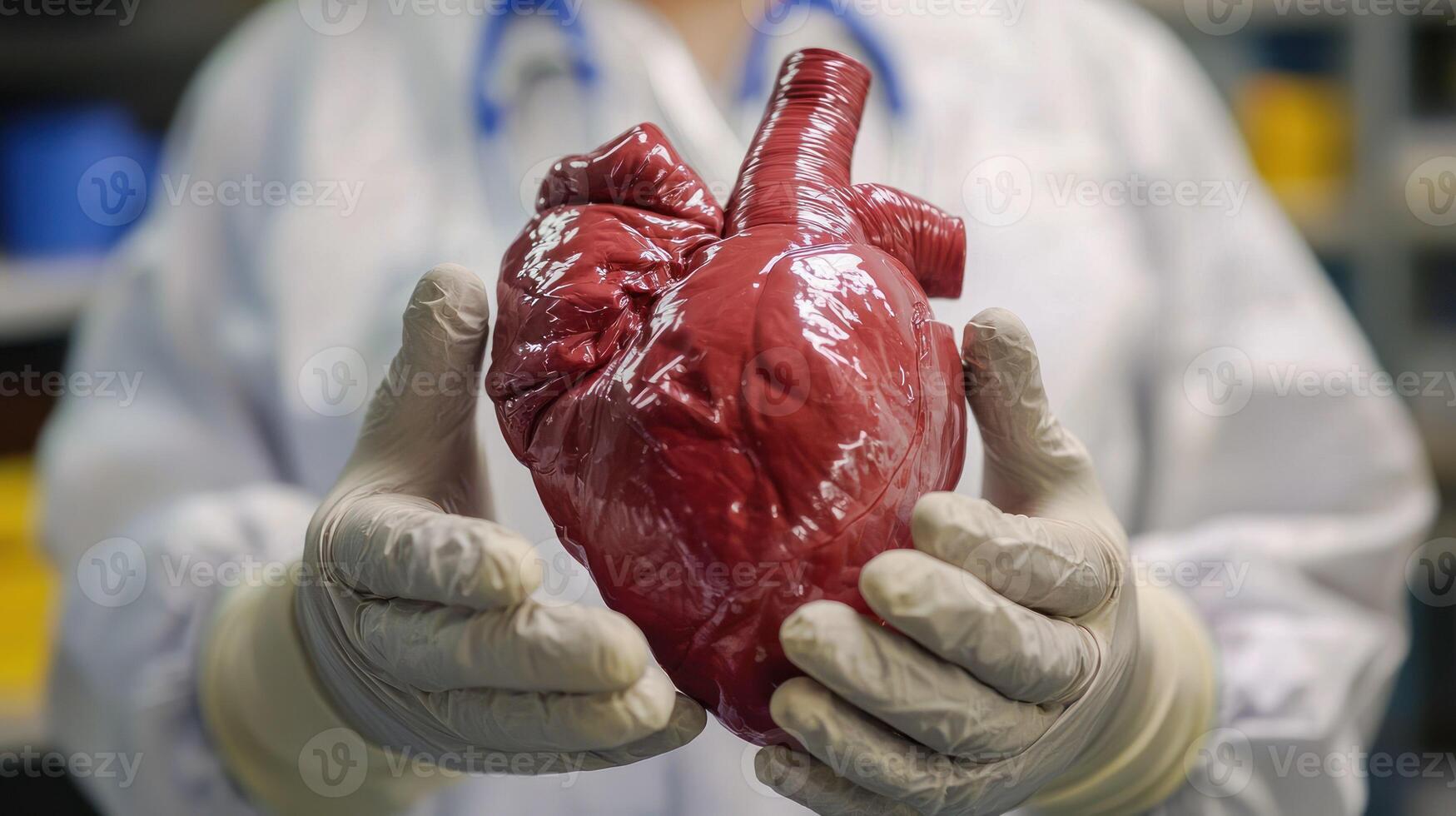 A person holding a red heart model in their hands. photo