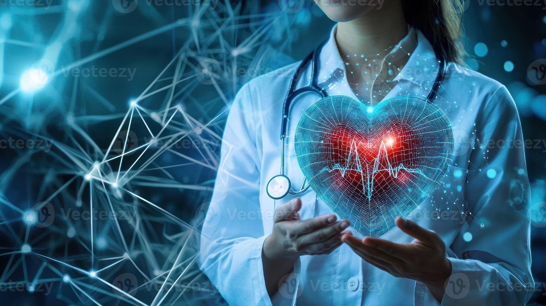 A medical professional holding a holographic heart with a red light in the center, surrounded by a network of interconnected lines and dots. photo
