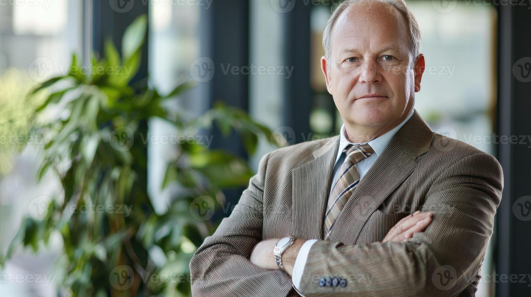 A man in a suit standing in front of a window with a plant in the background. photo