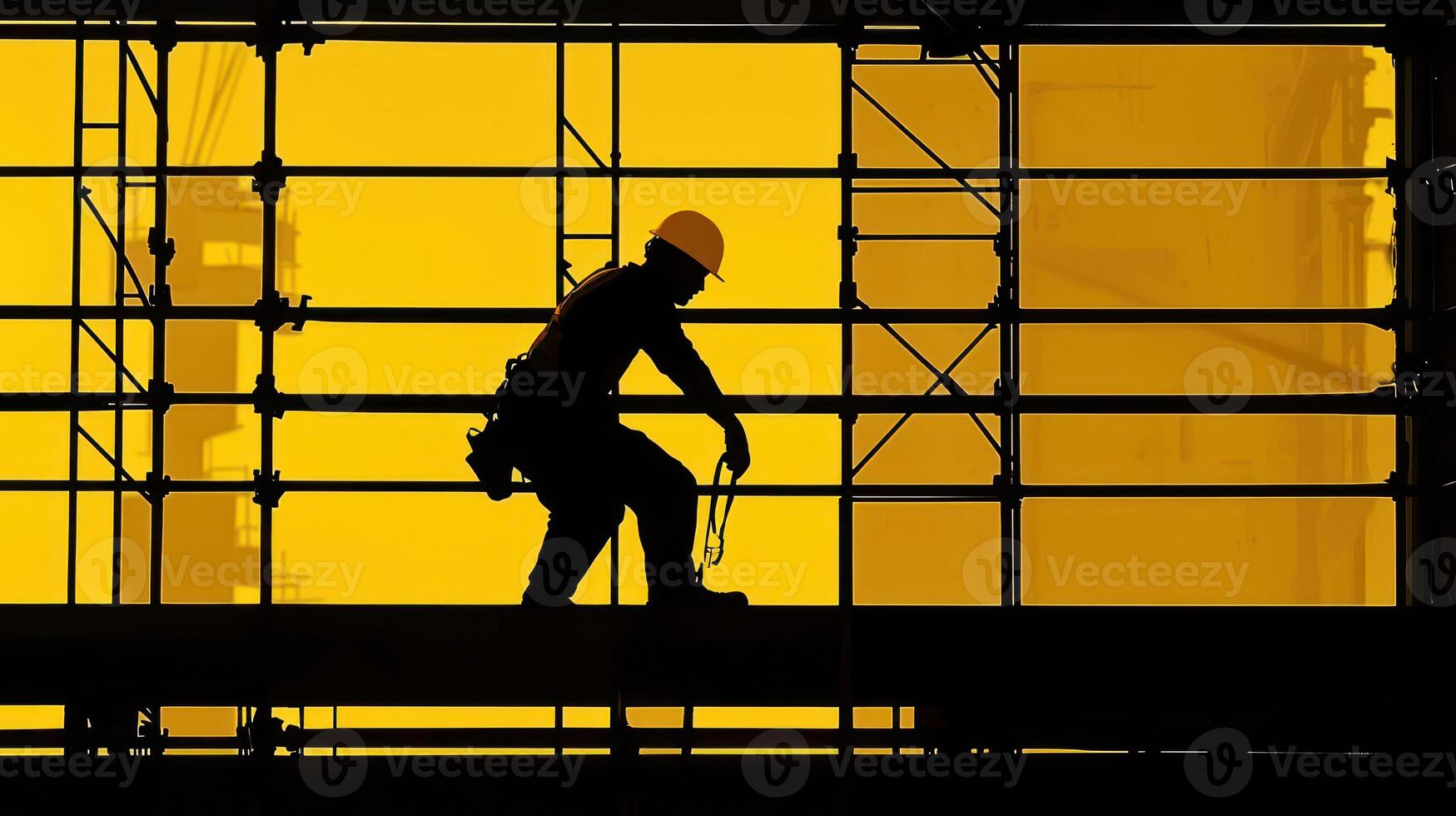 A construction worker wearing a hard hat and safety harness, working on scaffolding in front of a yellow and orange safety netting backdrop. photo