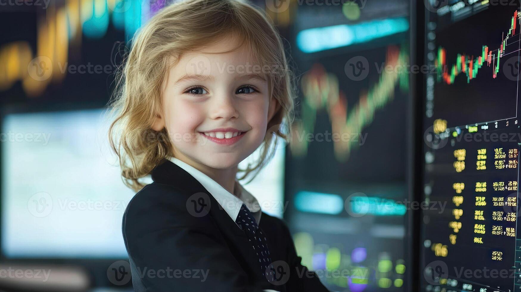 A young child in a suit standing in front of a computer monitor displaying financial charts. photo