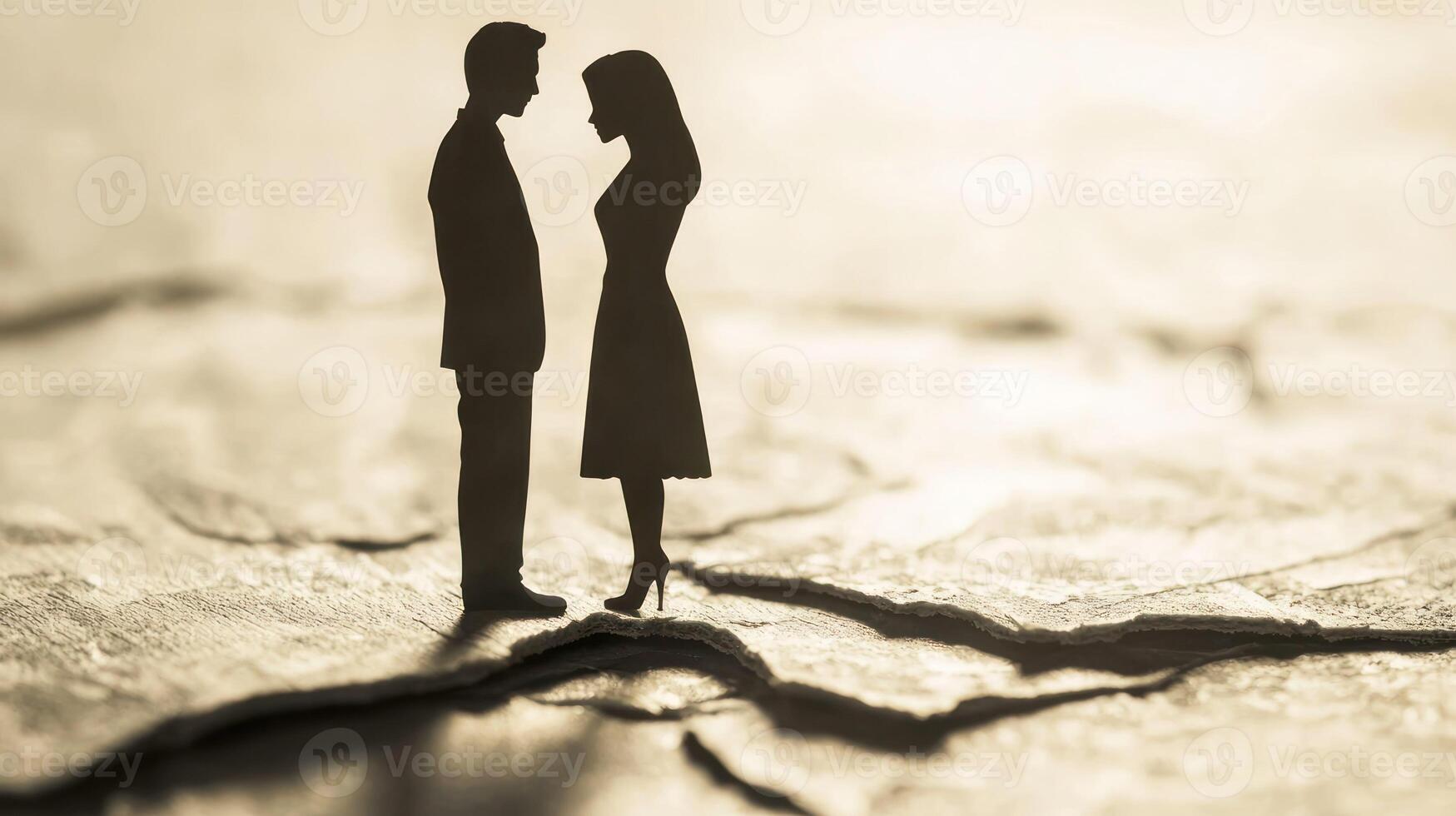 Two silhouetted figures standing close to each other, facing each other, with a blurred background. photo