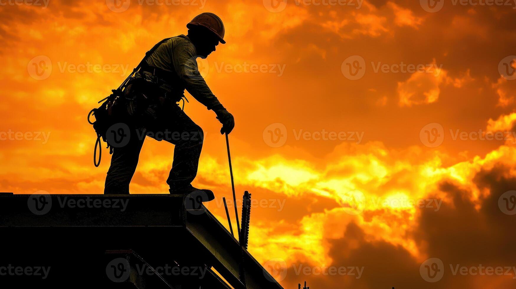 A construction worker in a hard hat and safety harness, climbing a ladder on a rooftop against a dramatic, fiery sunset sky. photo