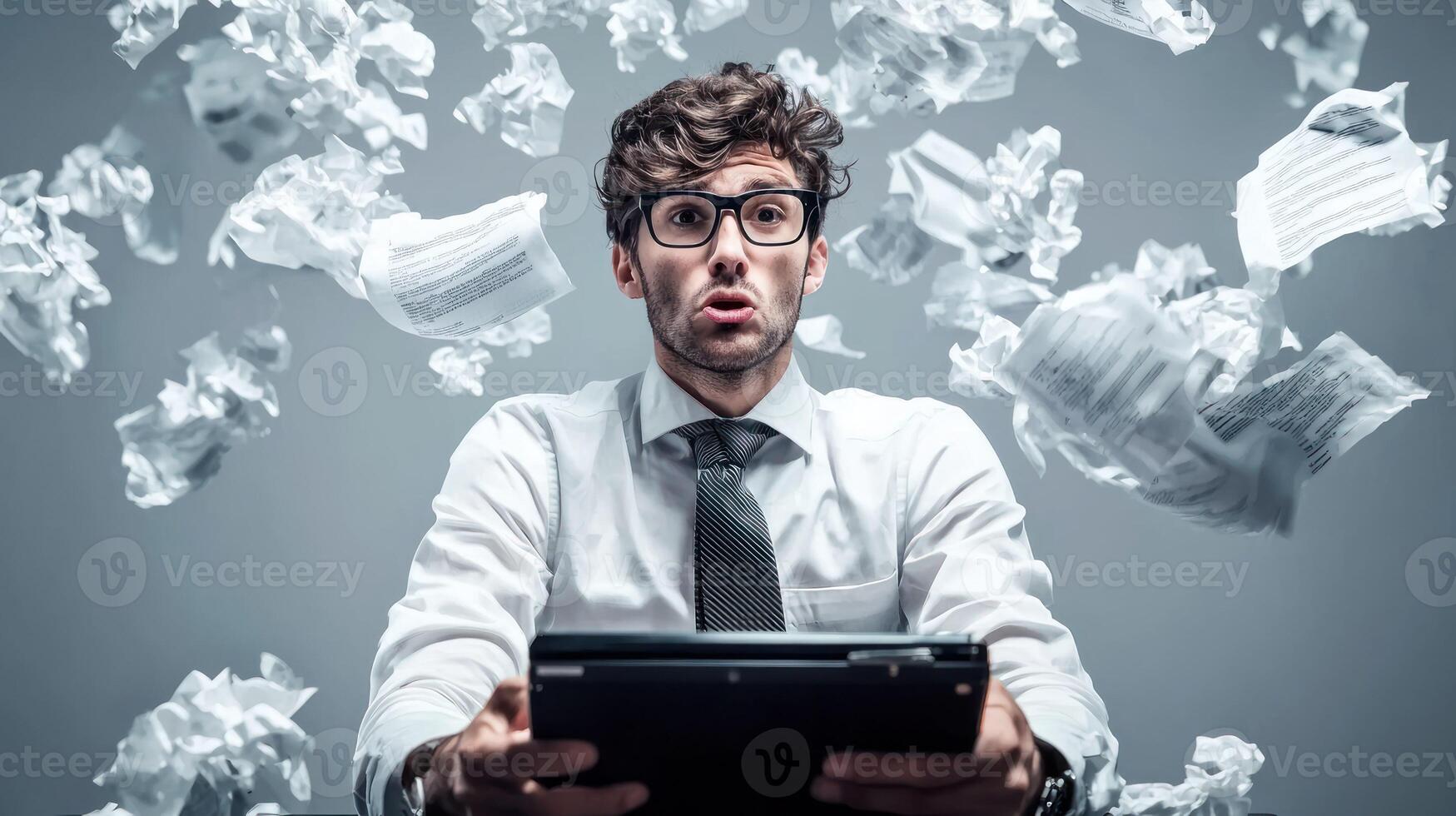 A man in a white shirt and tie, sitting at a desk with a laptop, surrounded by crumpled papers and a computer monitor. photo