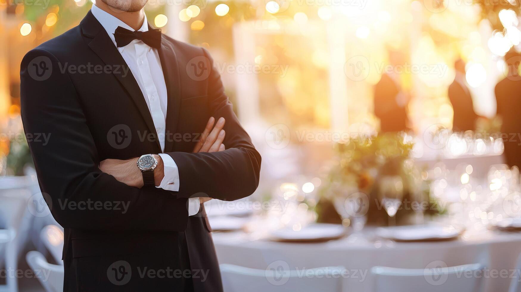 A man in a tuxedo standing in front of a table with a blurred background of a dining table and chairs. photo