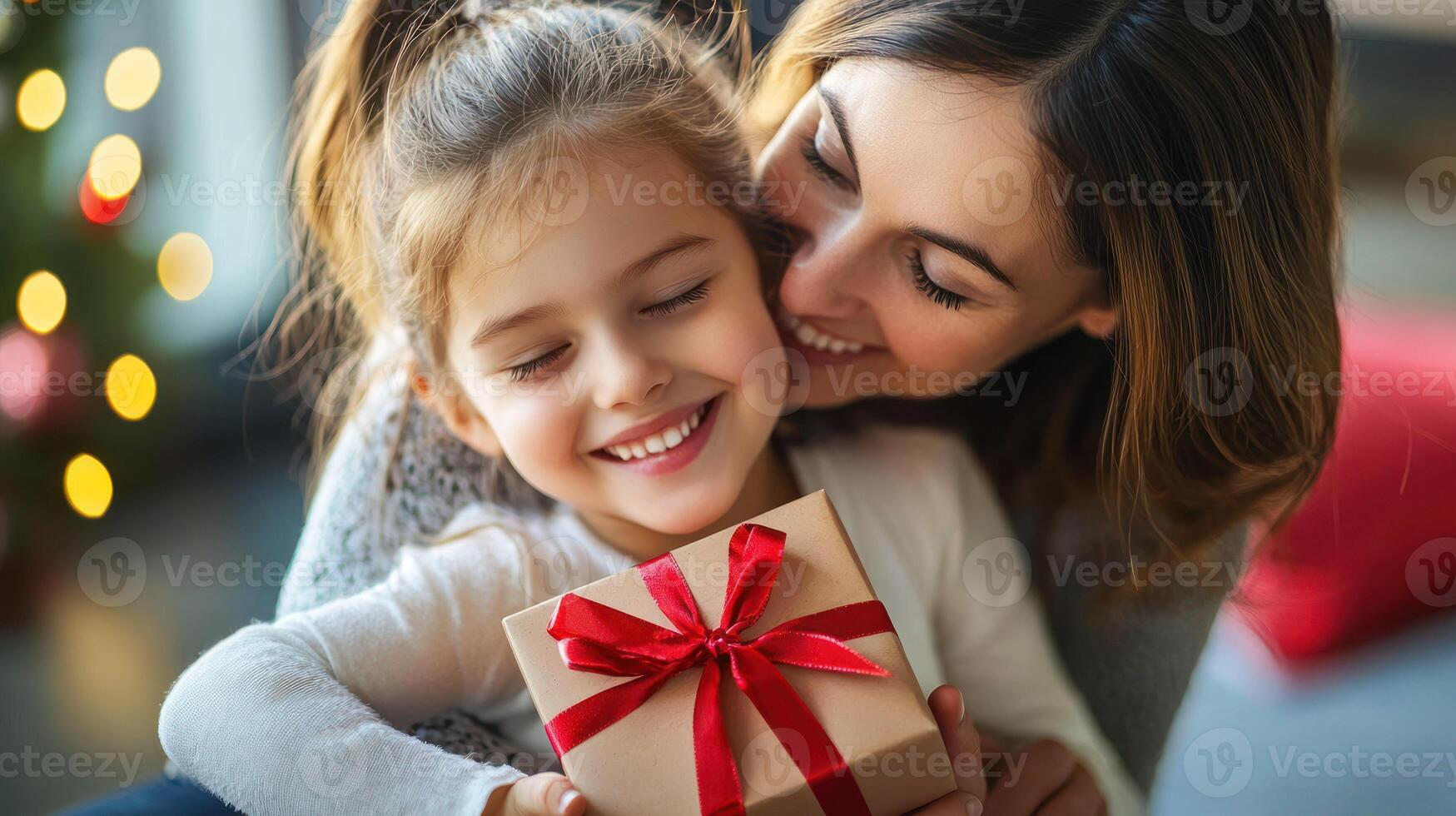 A young girl hugging her mother, both smiling and holding a wrapped gift box with a red ribbon, with a Christmas tree in the background. photo