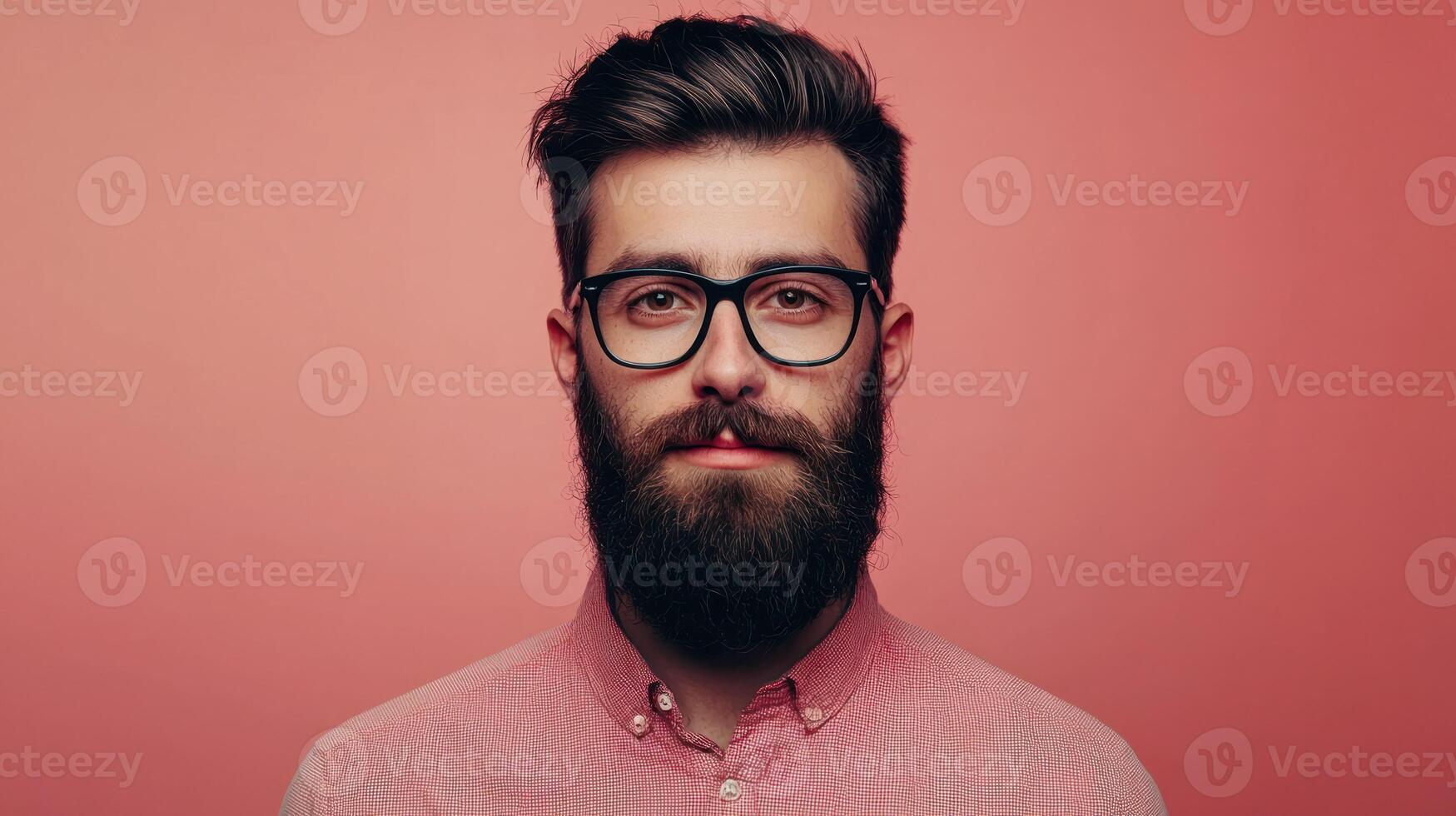 A man with a beard and glasses, wearing a pink shirt, standing against a pink background. photo