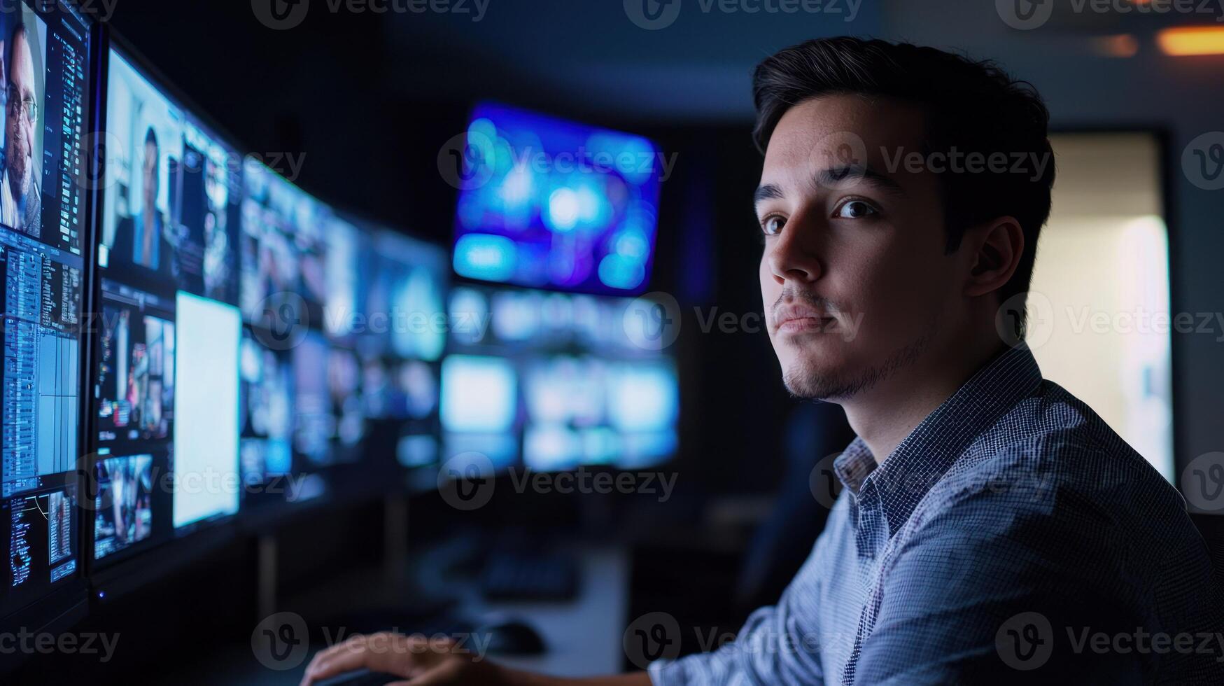 A young man in a dark room with multiple curved monitors displaying images of people. photo