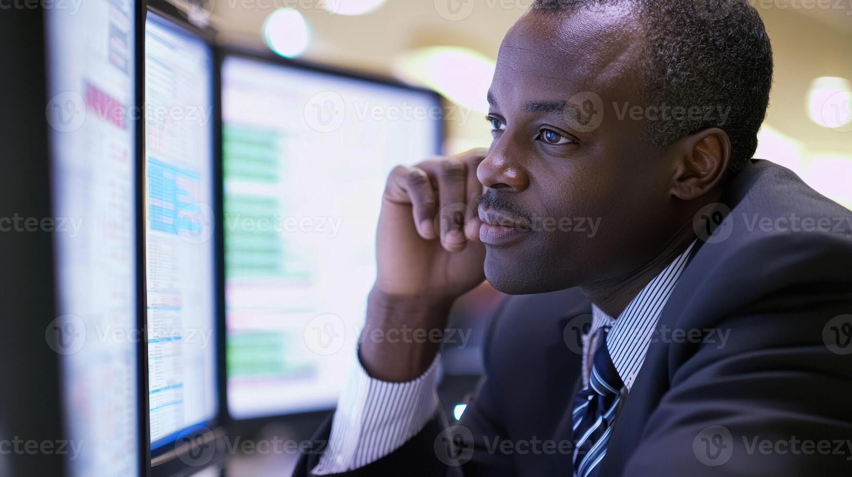 A man in a suit and tie, seated at a desk, focused on a computer screen displaying financial data. photo