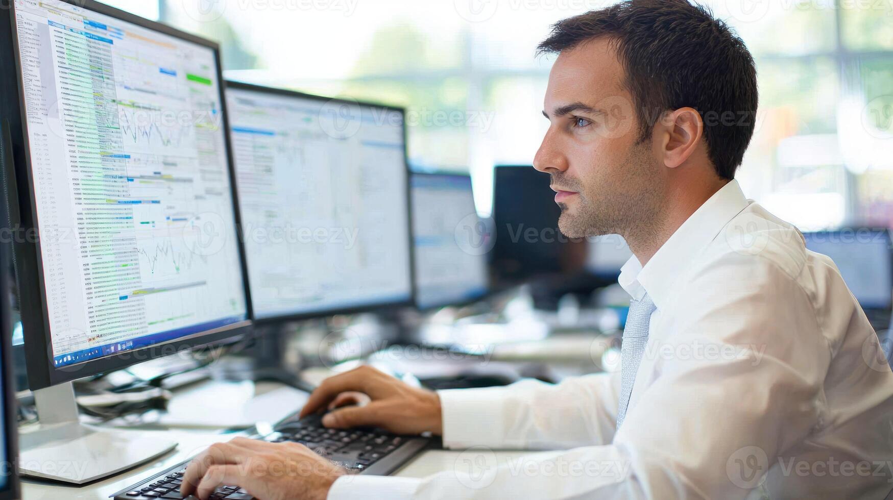 A man wearing a white shirt and tie, working at a desk with two computer monitors in a modern office setting. photo