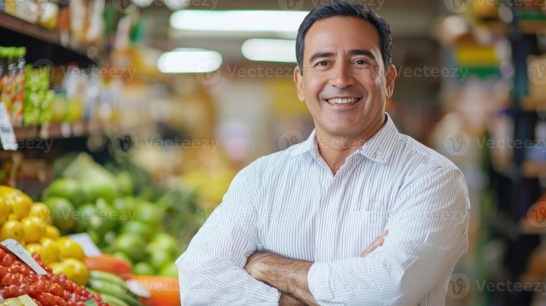 A smiling man standing in a grocery store, with a variety of fresh produce in the background. photo