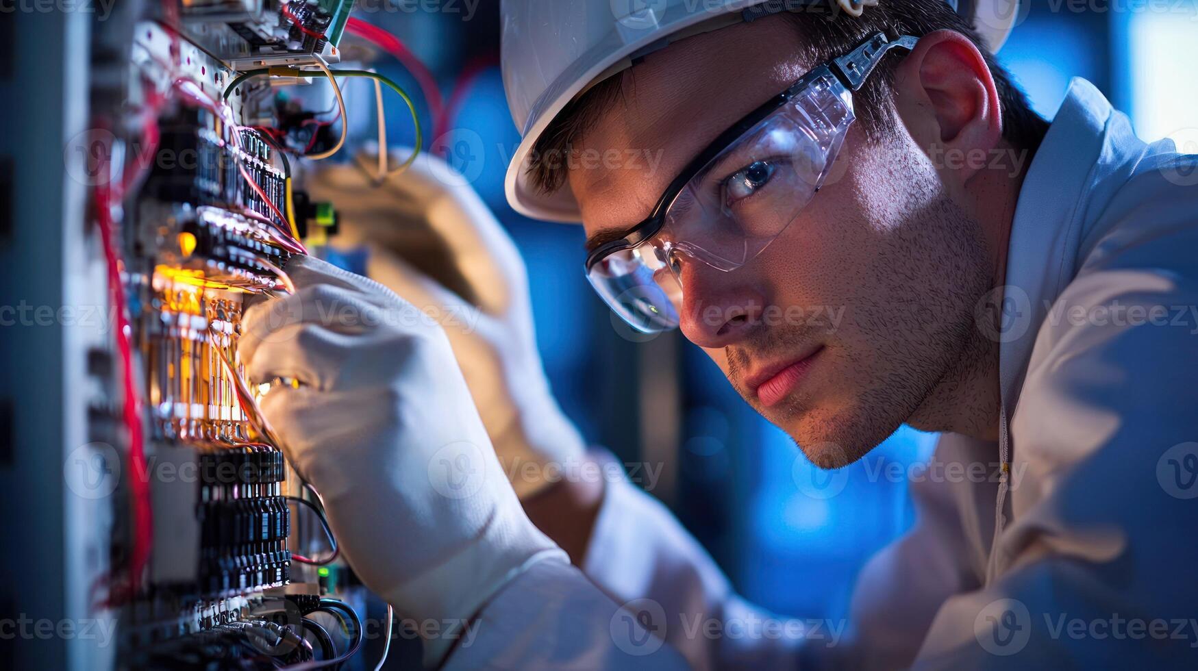 A male engineer wearing a white helmet and safety glasses, inspecting a complex electrical panel with wires and switches, in a dimly lit industrial setting. photo