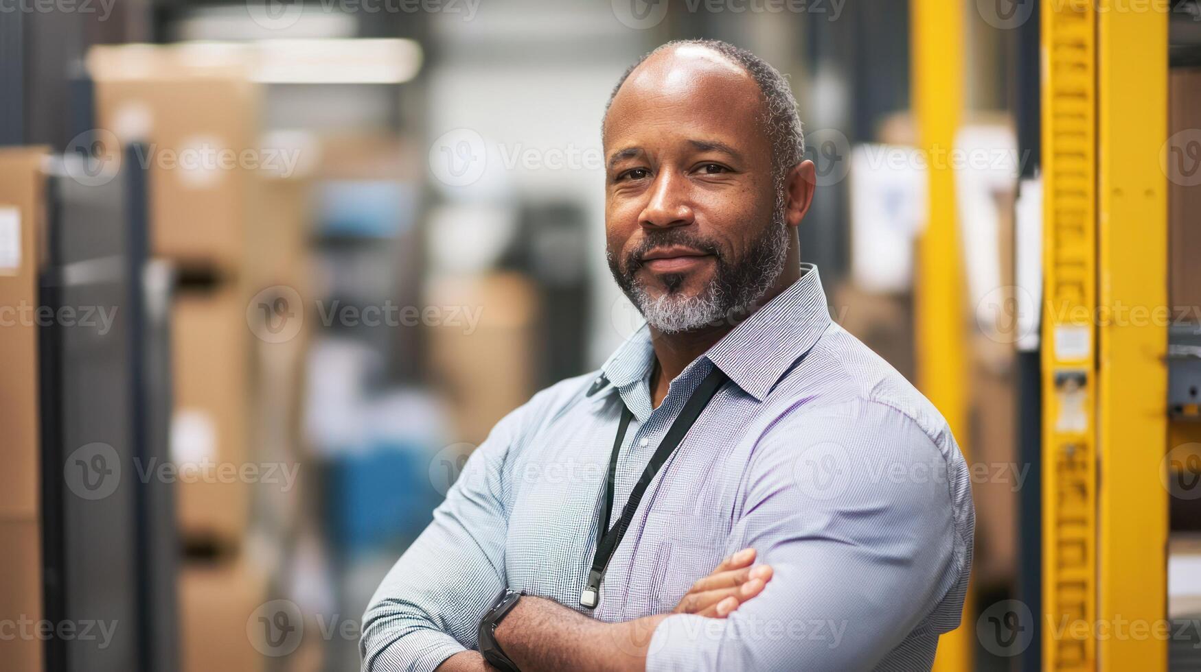 A smiling man in a warehouse, standing with arms crossed, wearing a lanyard, surrounded by boxes and machinery. photo