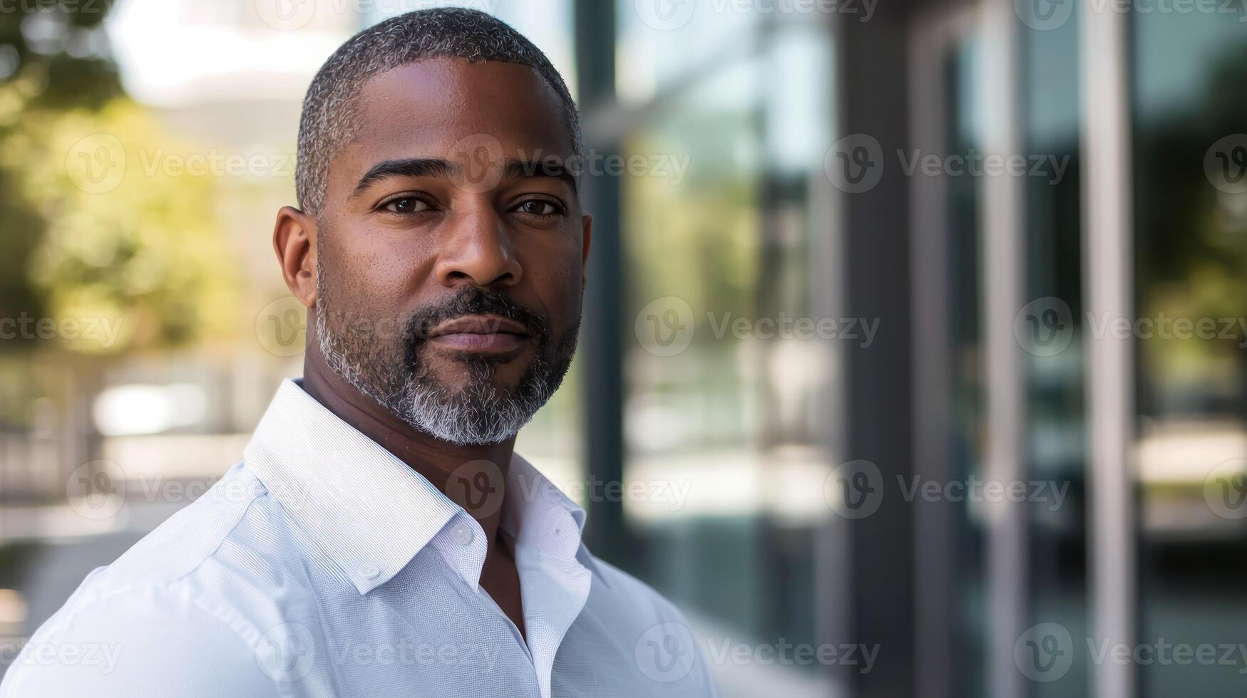 A man with a beard, wearing a white shirt, standing in front of a modern building with glass windows. photo